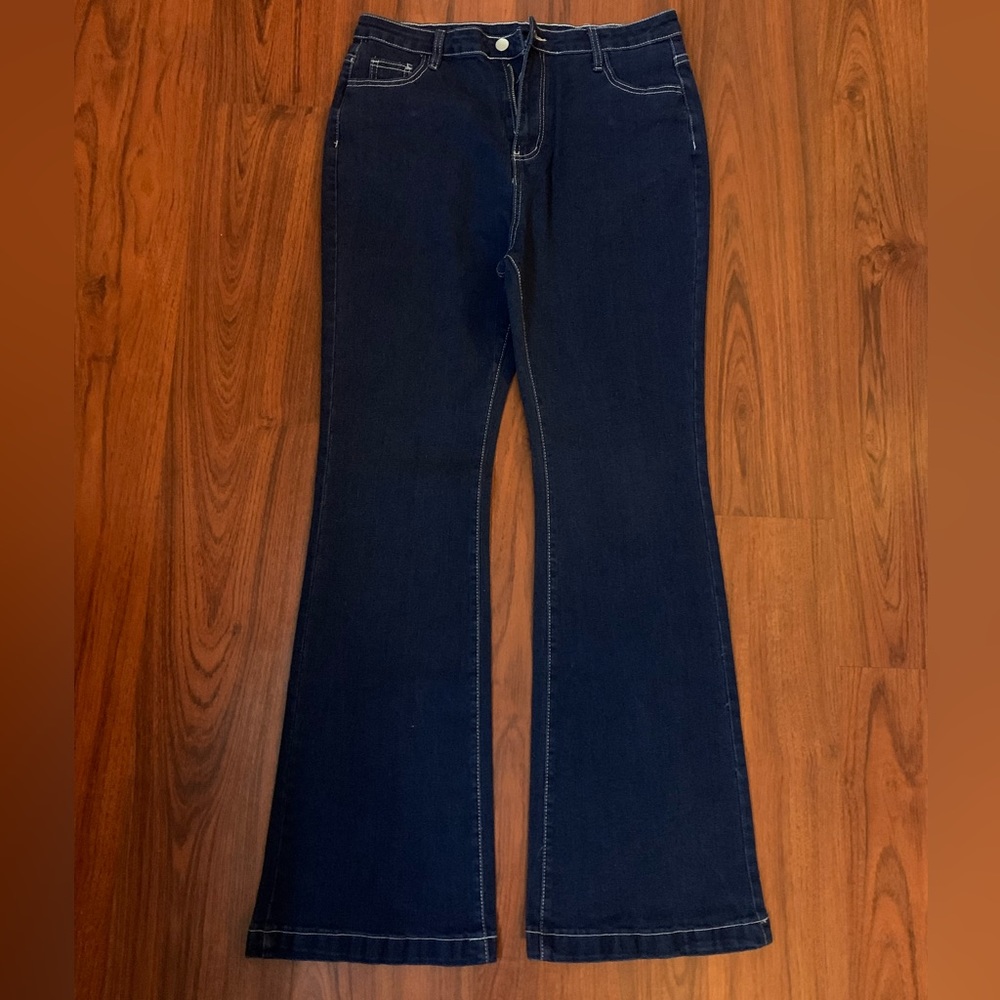 White Stitch Flare Leg Dark Wash Jeans